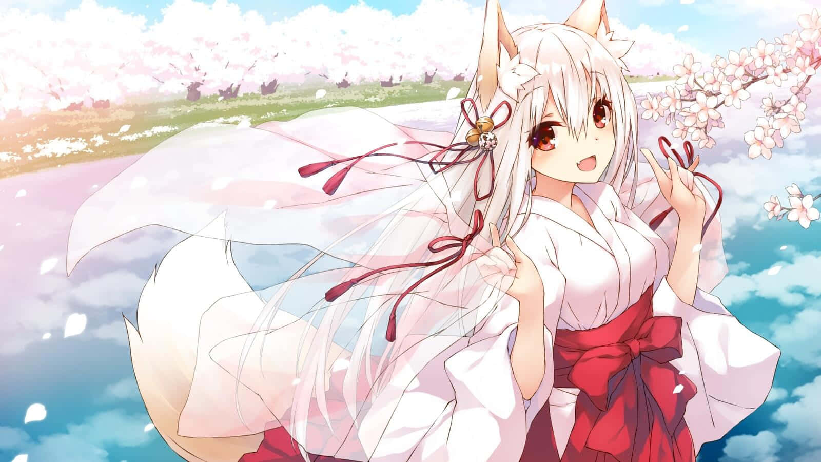 Anime Fox Girl Cherry Blossoms Wallpaper