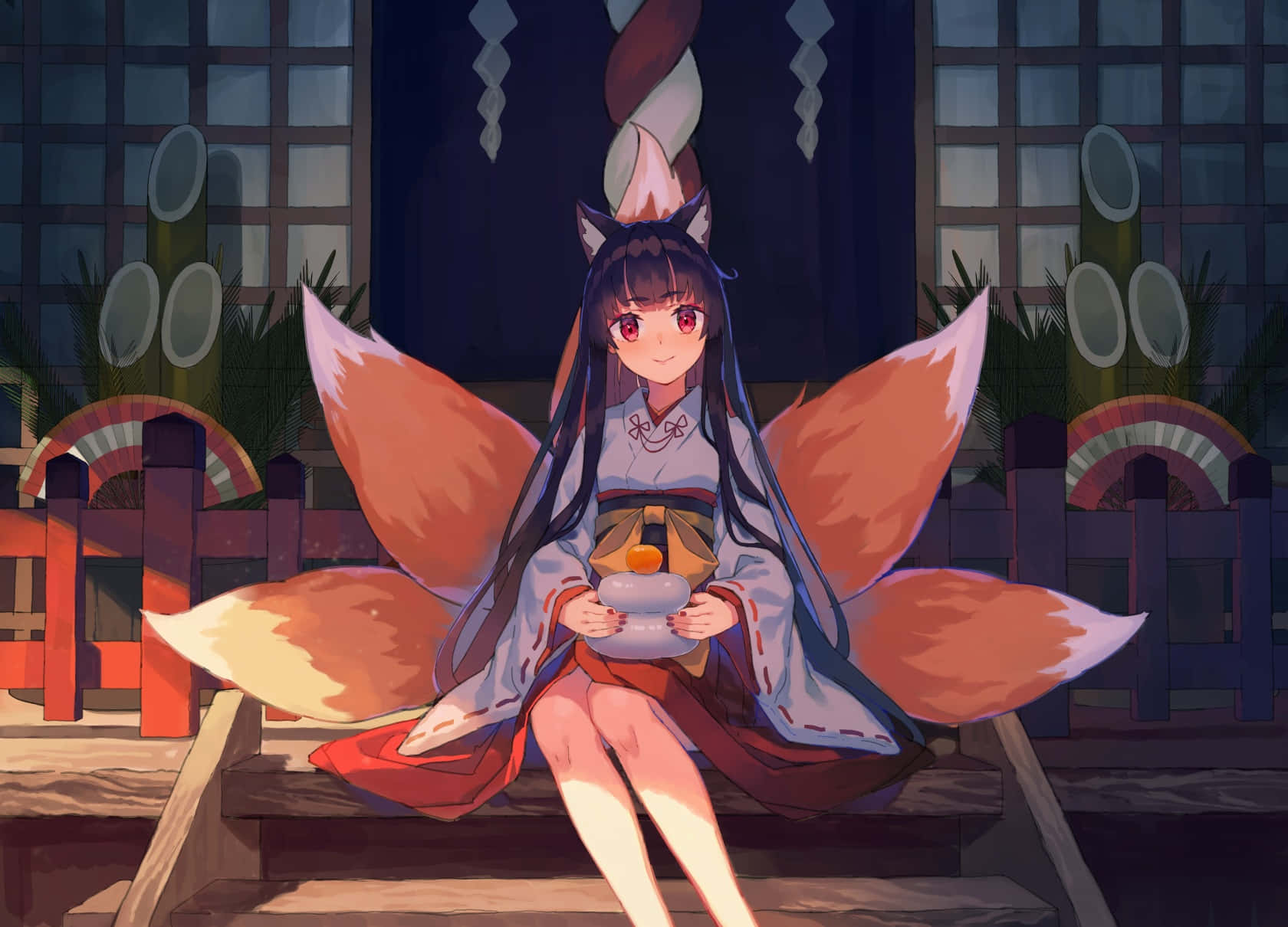 Anime Fox Girl Evening Tea Wallpaper