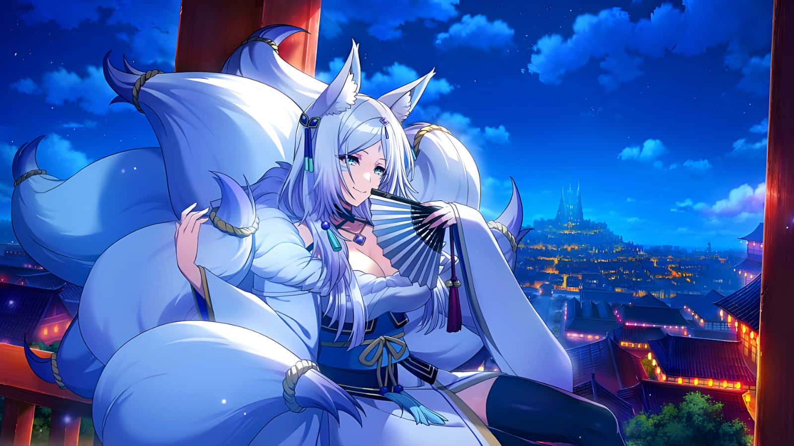 Anime Fox Girl Night City View Wallpaper