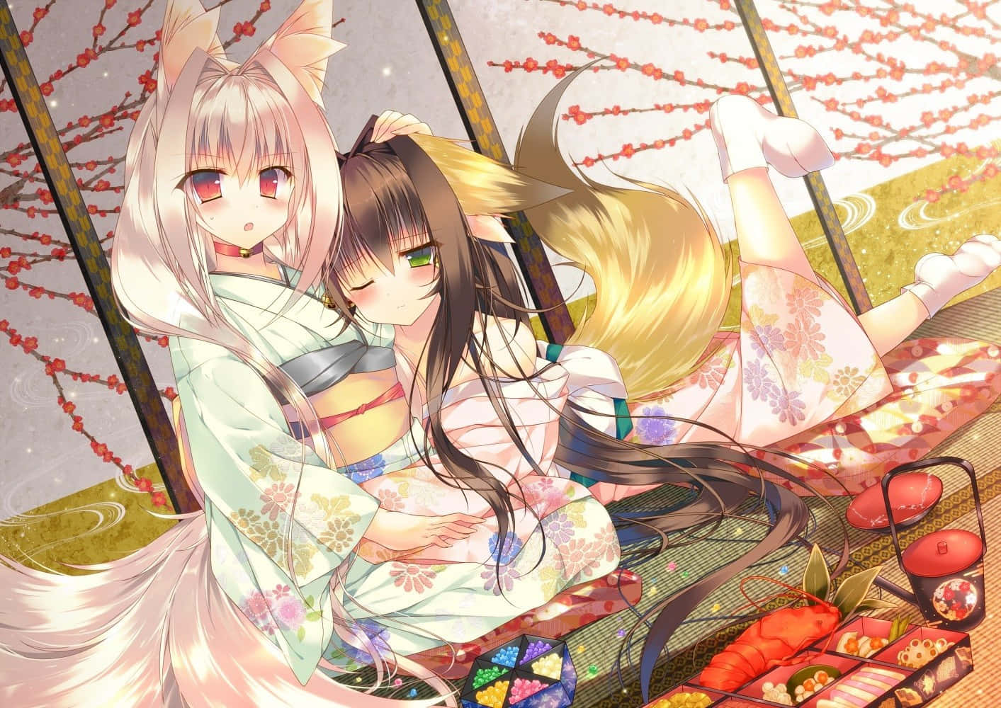 Anime Fox Girls Enjoying Hanami Wallpaper