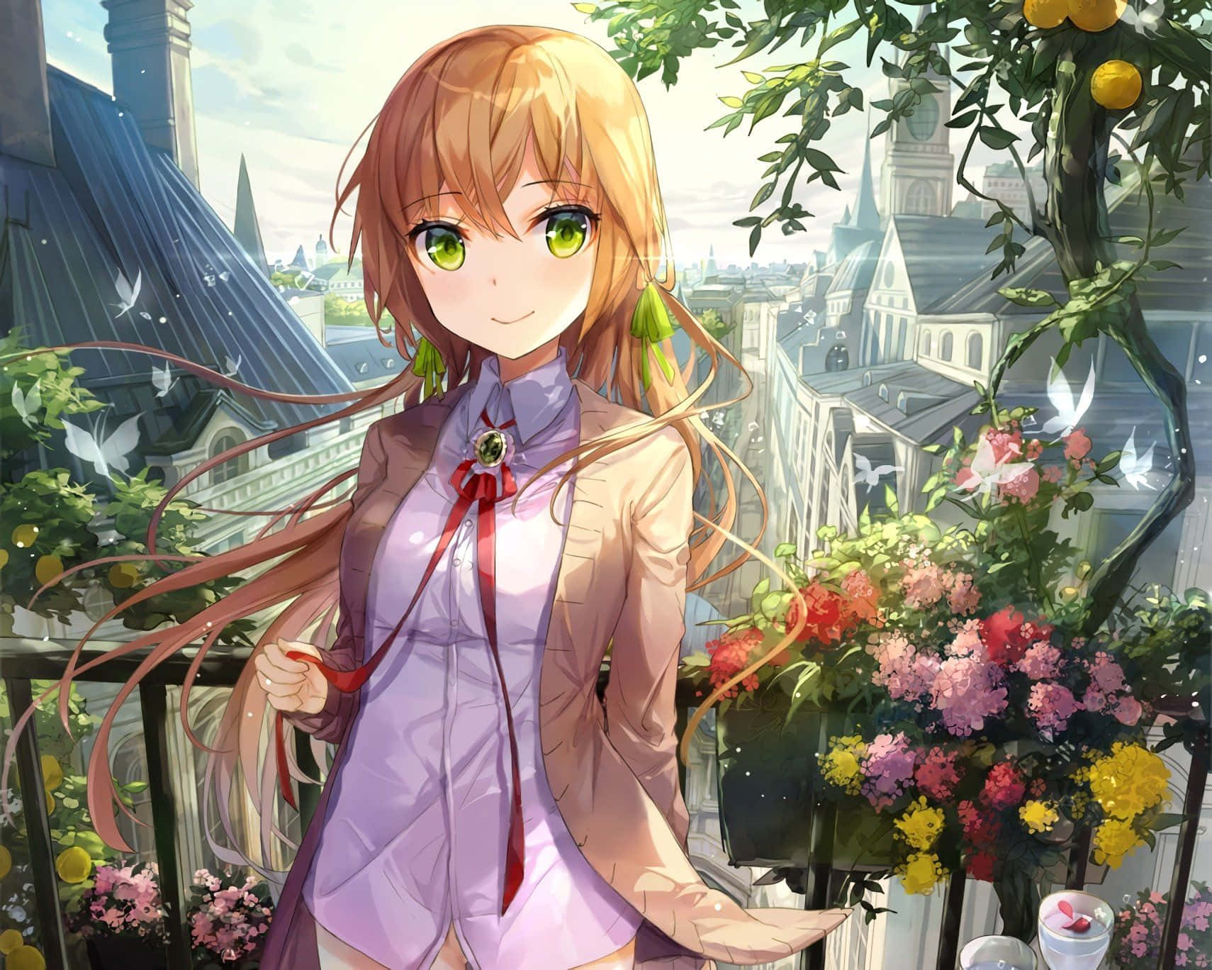 Anime Girl Balcony View Sunny Day Wallpaper