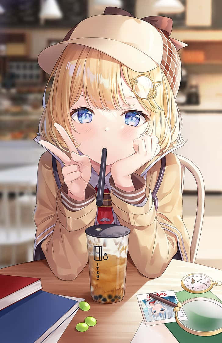 Anime Girl Boba Cafe Peace Sign Wallpaper