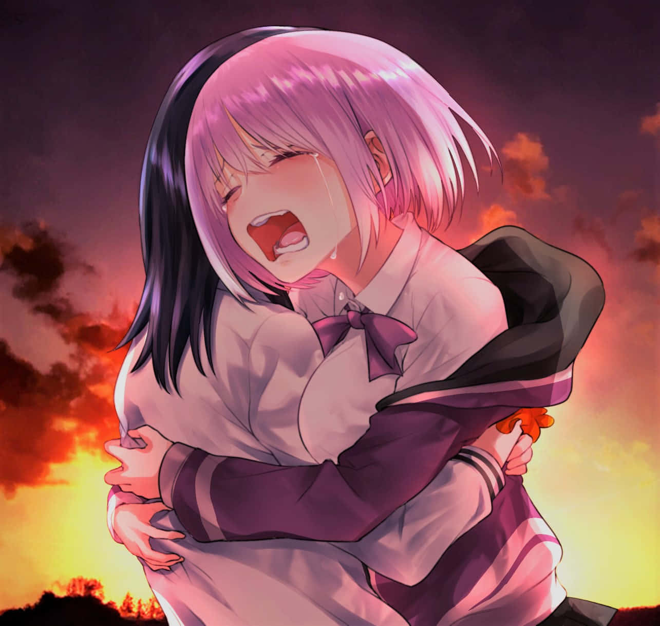 Anime Girl Crying Against Sunset Background Wallpaper