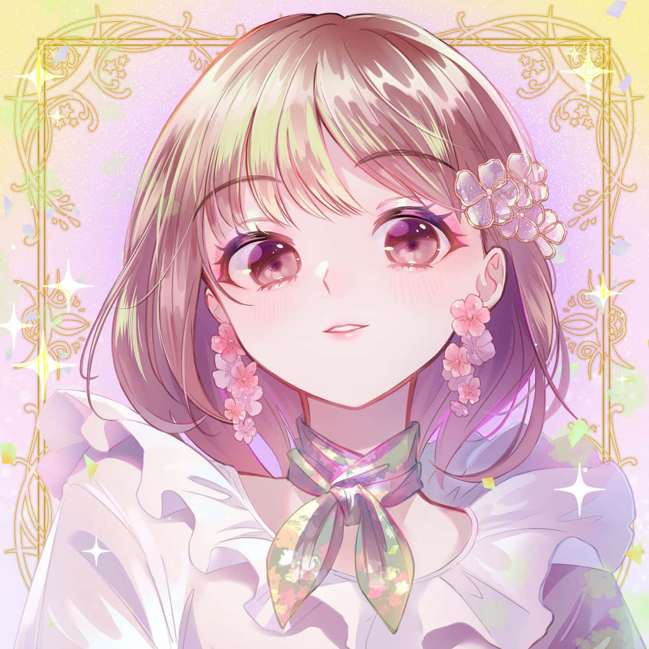 Anime Girl Floral Accents Smile Aesthetic.jpg Wallpaper