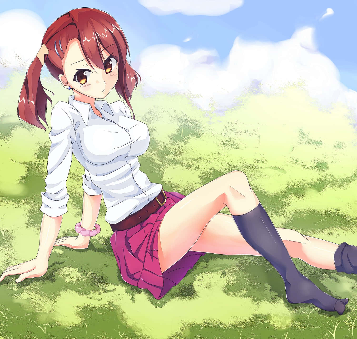 Anime Girl Sittingin Grass Wallpaper