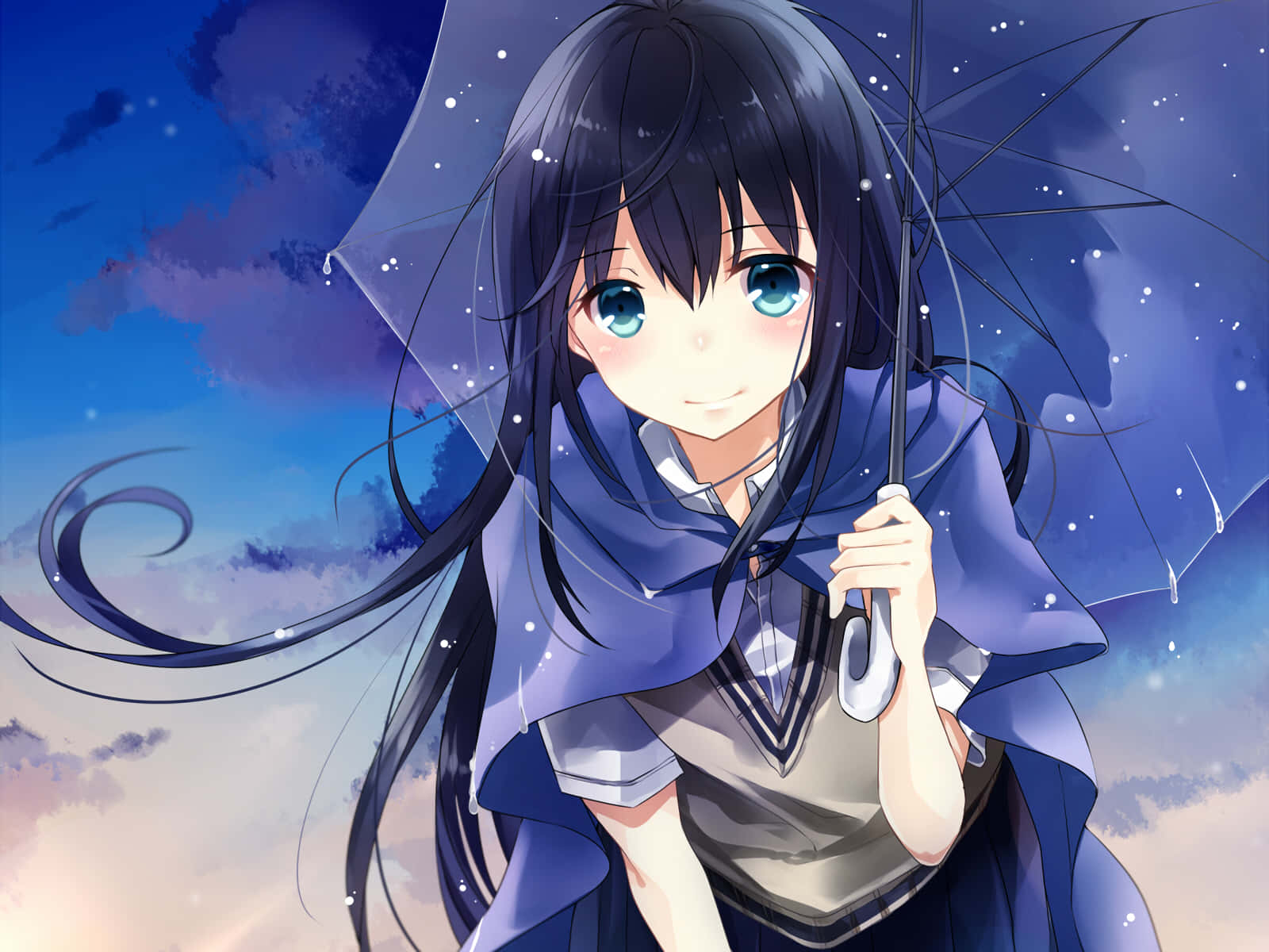 Anime Girl With Long Black Hair Standing With A Bright Smile Wallpaper