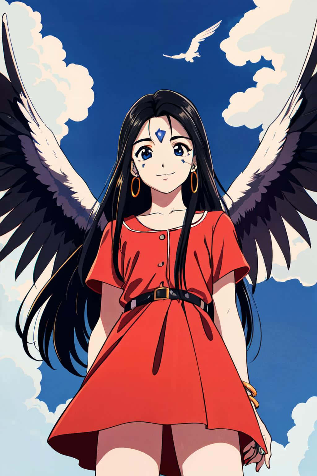 Anime Girl With Wings Under Blue Sky Wallpaper