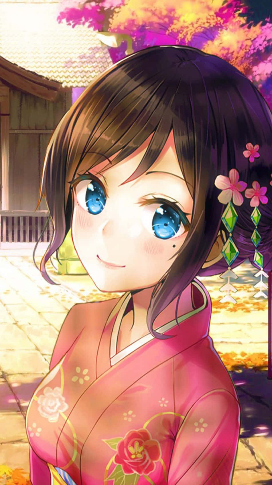 Anime Girlin Kimono Smiling Wallpaper