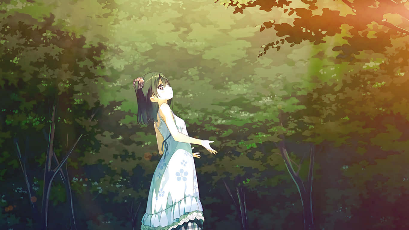 Anime Girlin Sunlit Forest Wallpaper