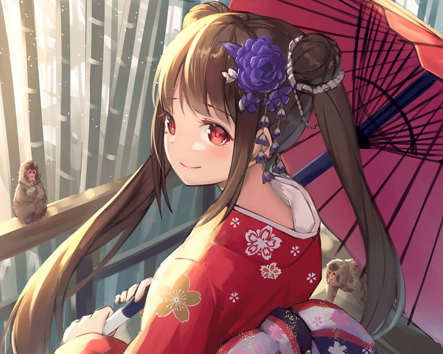 Anime Girlin Traditional Kimonowith Umbrella Wallpaper