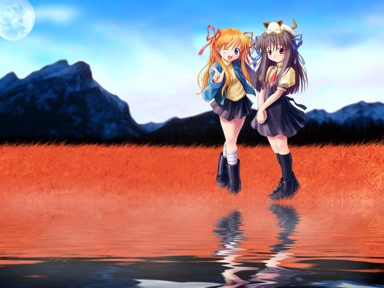 Anime Girls Moonlit Lake Walk Wallpaper