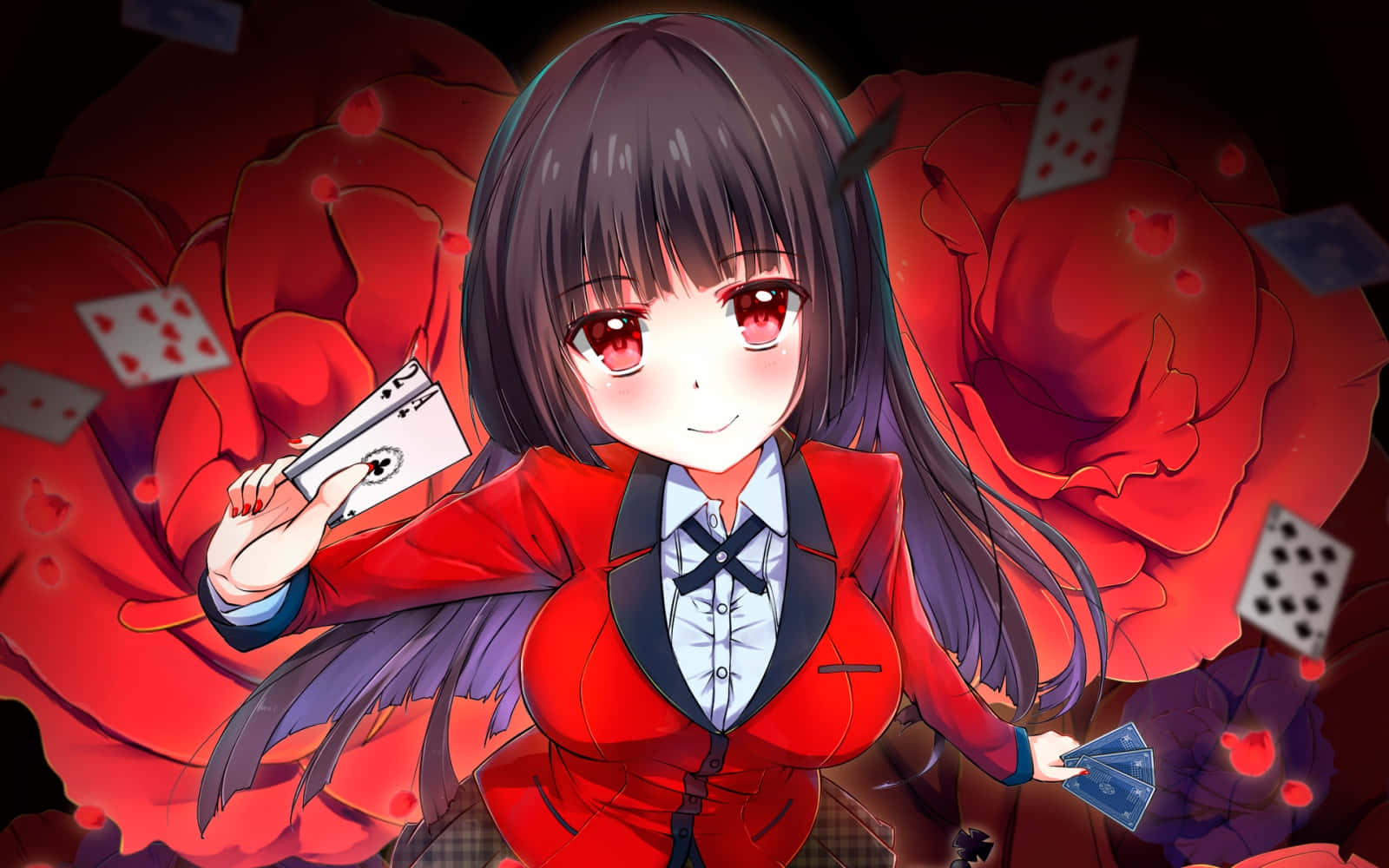 Anime Girlwith Cardsand Red Roses Background Wallpaper