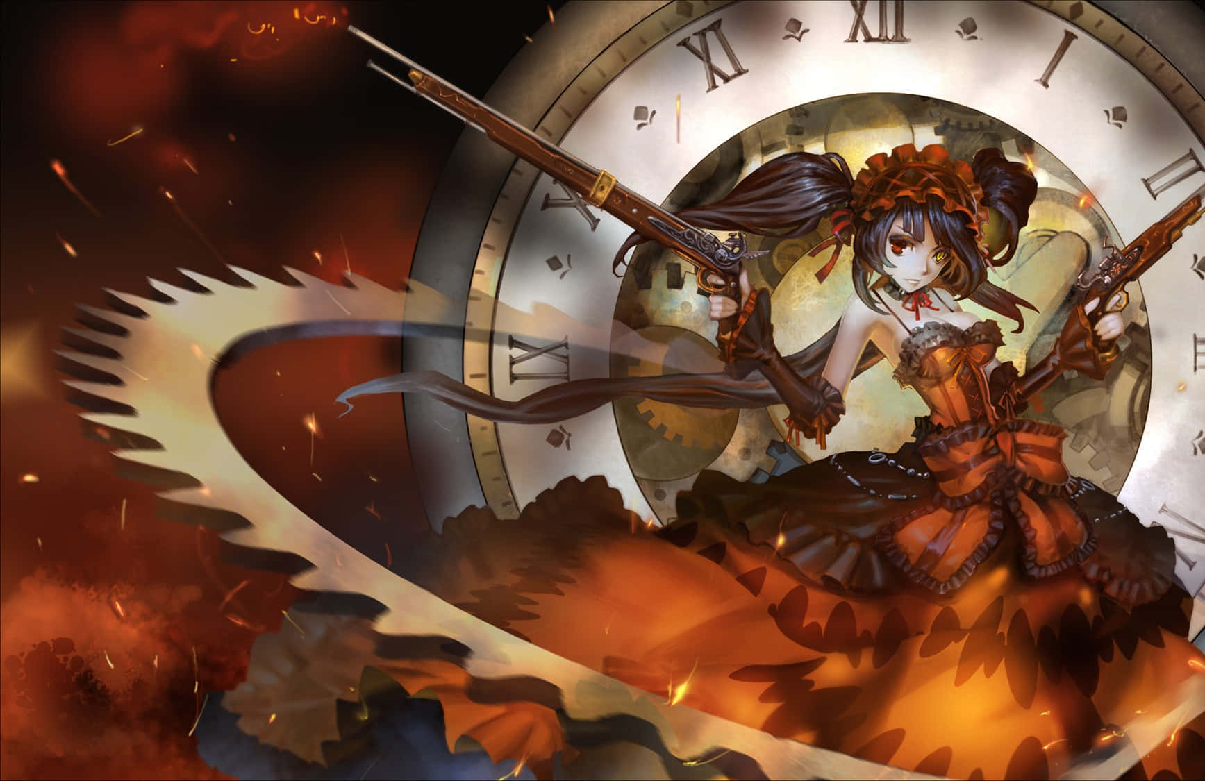 Anime Girlwith Clockand Flintlock Rifles Wallpaper