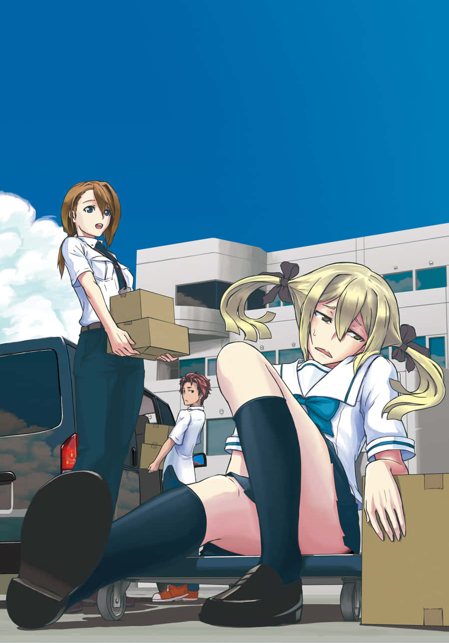 Anime Schoolgirls Unloading Van Wallpaper