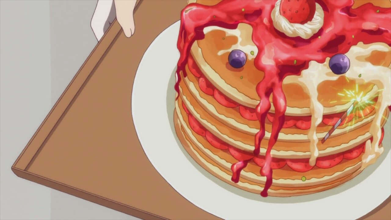 Anime Style Pancake Stackwith Berry Topping Wallpaper