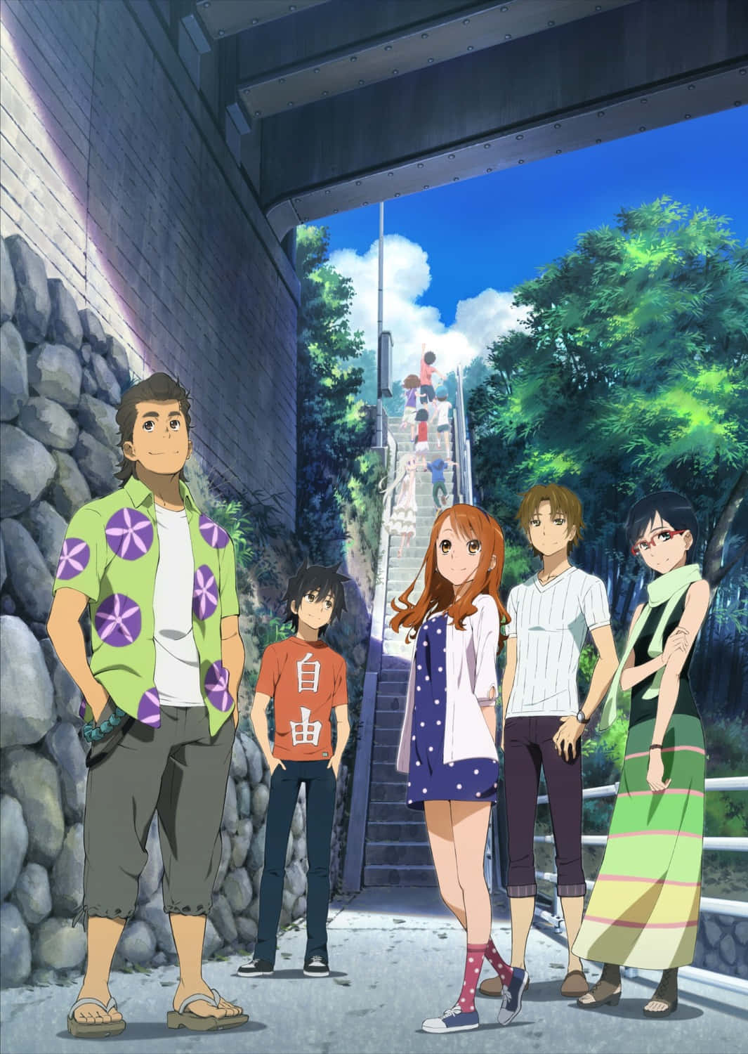 Anohana Groupof Friends Standing Near Stairs Wallpaper