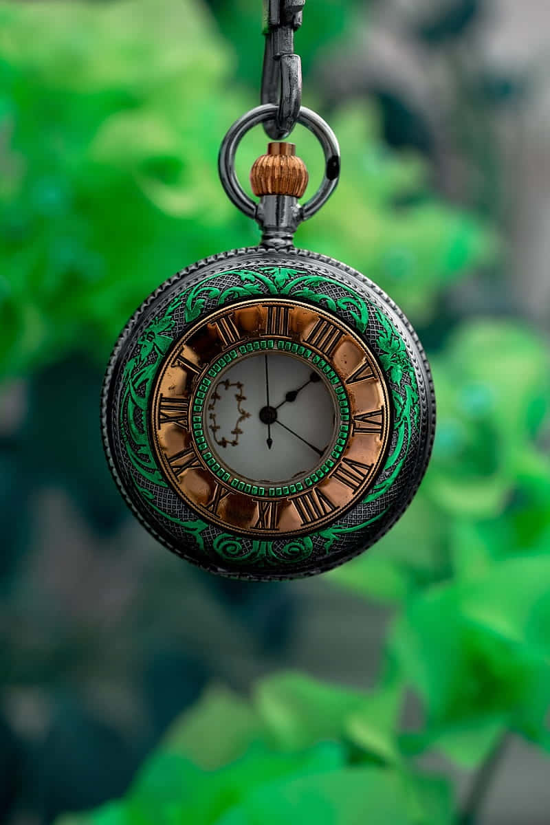 Antique Pocket Watch Green Backdrop Wallpaper