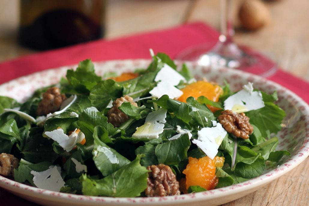 Arugula Leaves With Peaches, Cheese, And Meat Wallpaper