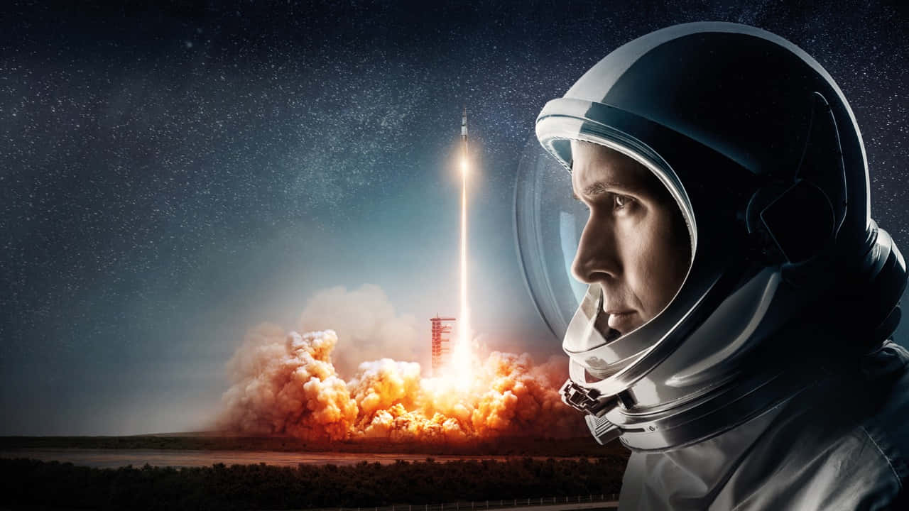 Astronaut Witnessing Rocket Launch Wallpaper