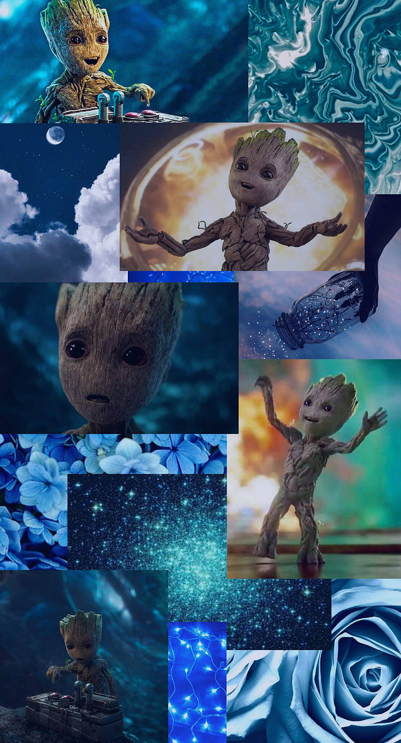 Baby Groot Blue Collage Wallpaper