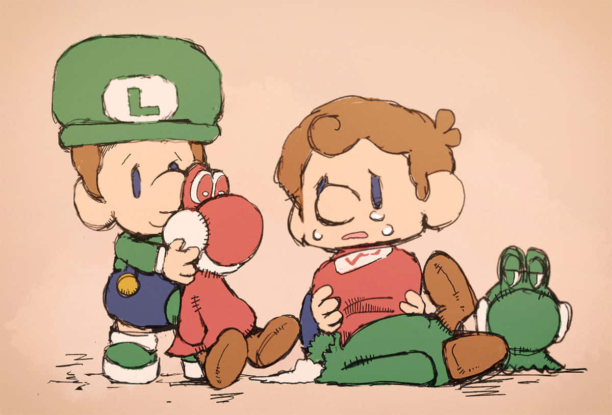 Baby Luigiand Yoshi Comforting Friend Wallpaper