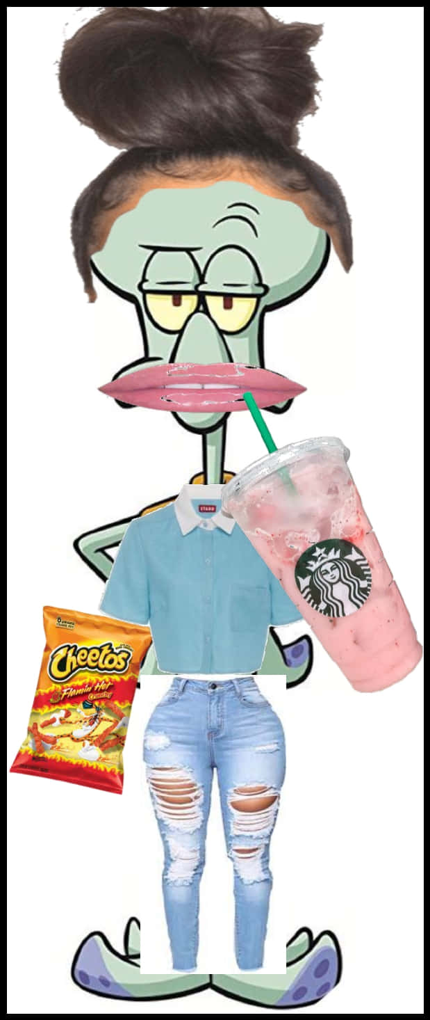 Baddie Squidwardwith Starbucksand Cheetos Wallpaper