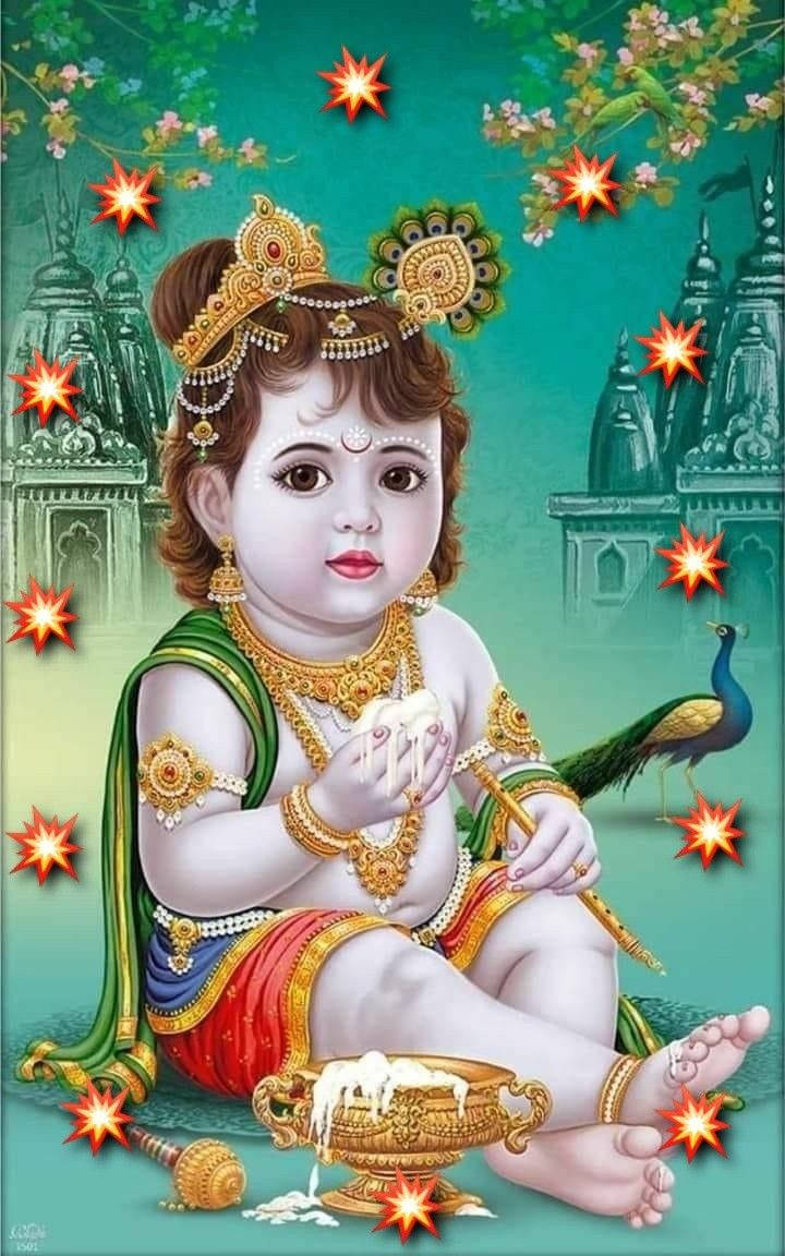 Bal Krishna Eating Milk Curd Wallpaper