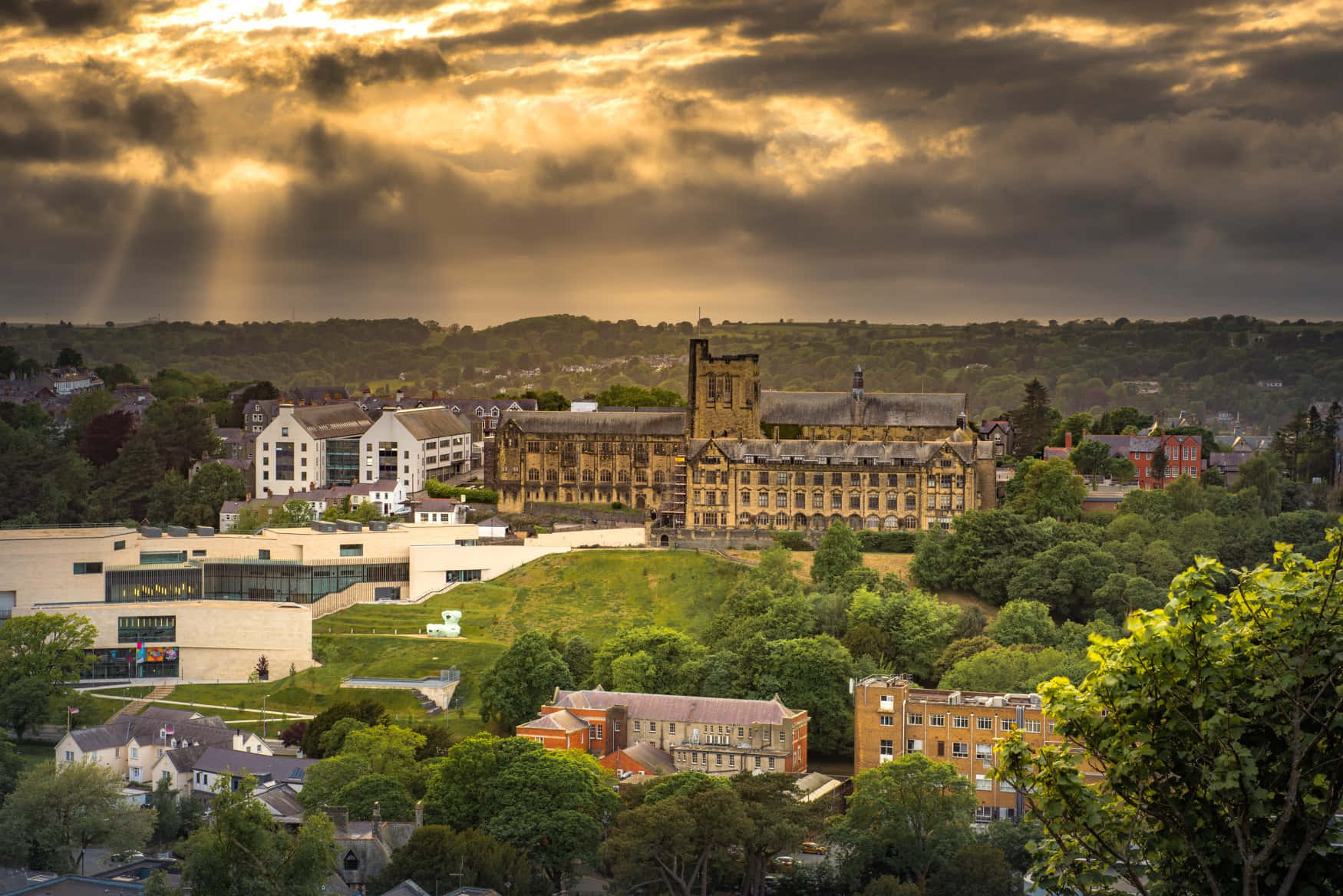 Bangor U K Sunset Over Historic Buildings Wallpaper