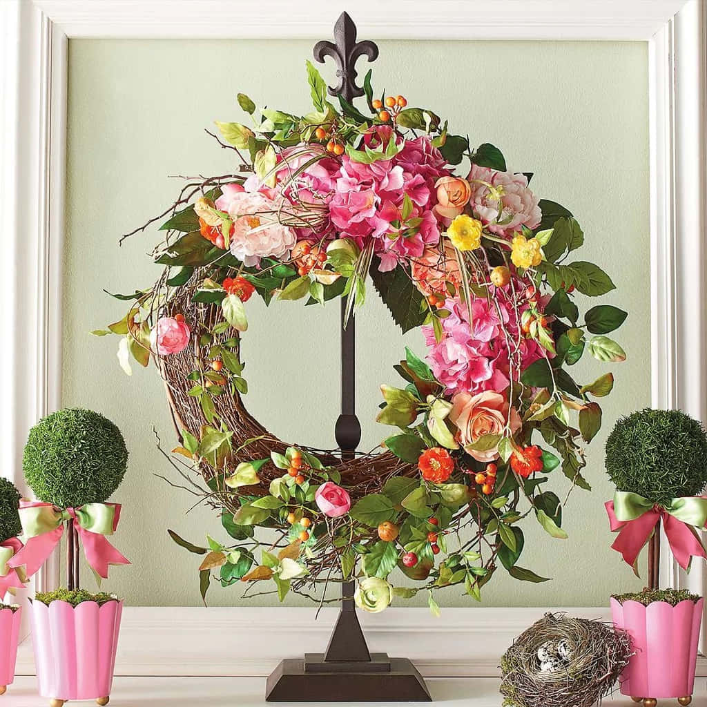 Beautiful Handmade Spring Wreath On Rustic Wooden Door Wallpaper