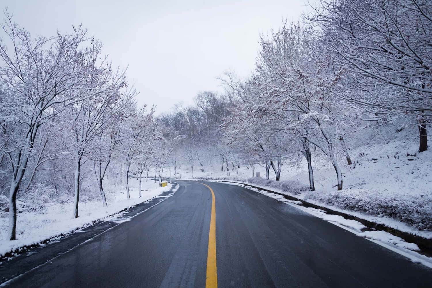 Beautiful Snowy Road With Winter Landscape Wallpaper