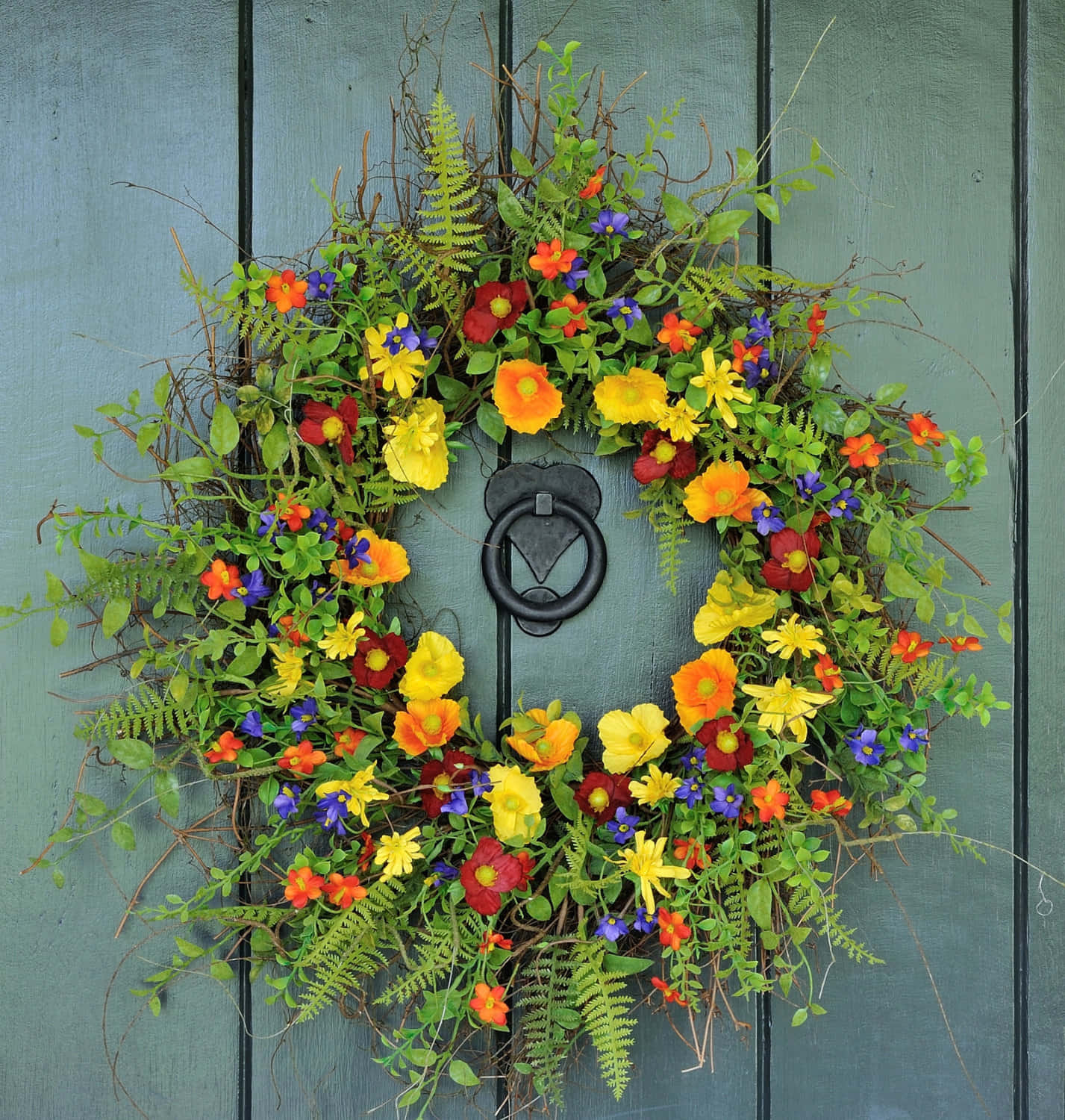 Beautiful Spring Wreath On Wooden Door Wallpaper