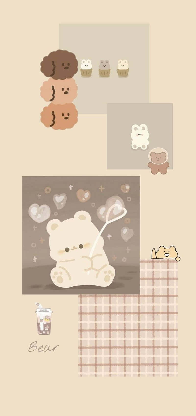 Beige Teddy Bear Collage Aesthetic Wallpaper