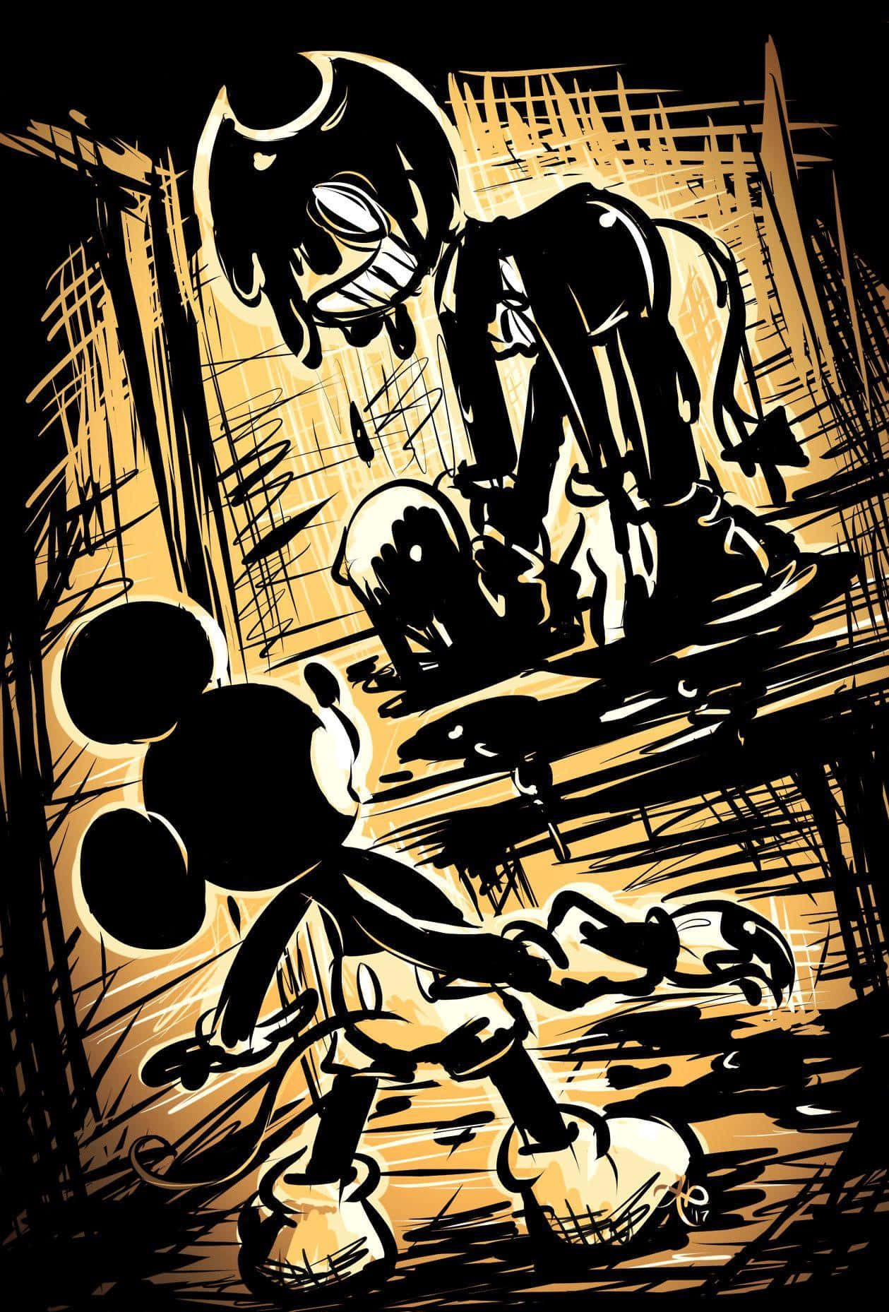 Bendy The Ink Demon Strikes A Pose Against A Retro-styled Ink Factory Background. Wallpaper