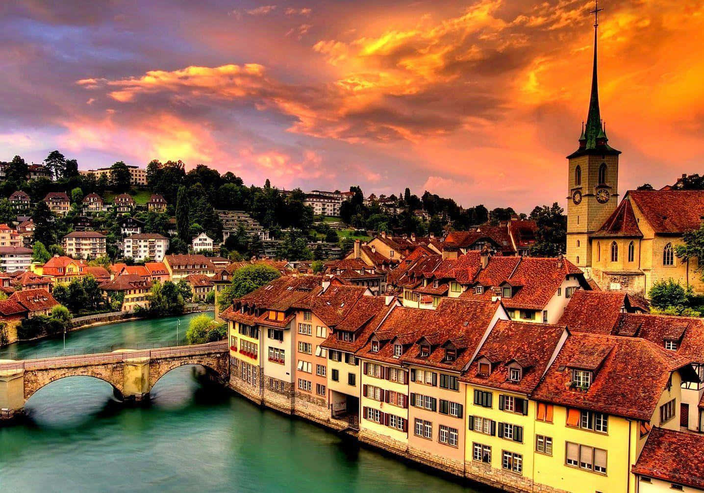 Bern Sunset Over Aare River Wallpaper