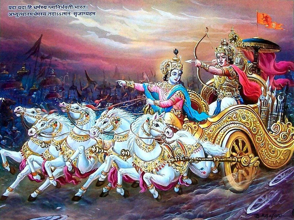 Bhagavad Gita Arjuna And Lord Krishna Graphic Art Wallpaper