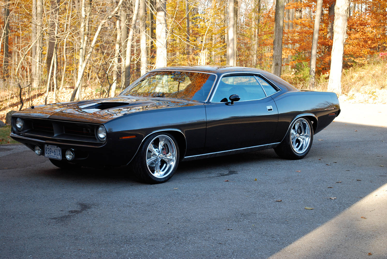 Black 1974 Plymouth Barracuda In Autumn Wallpaper