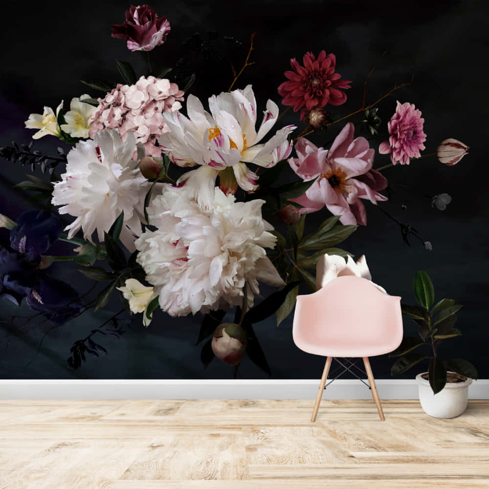 Black And Pink Flower Decorated Wall Wallpaper