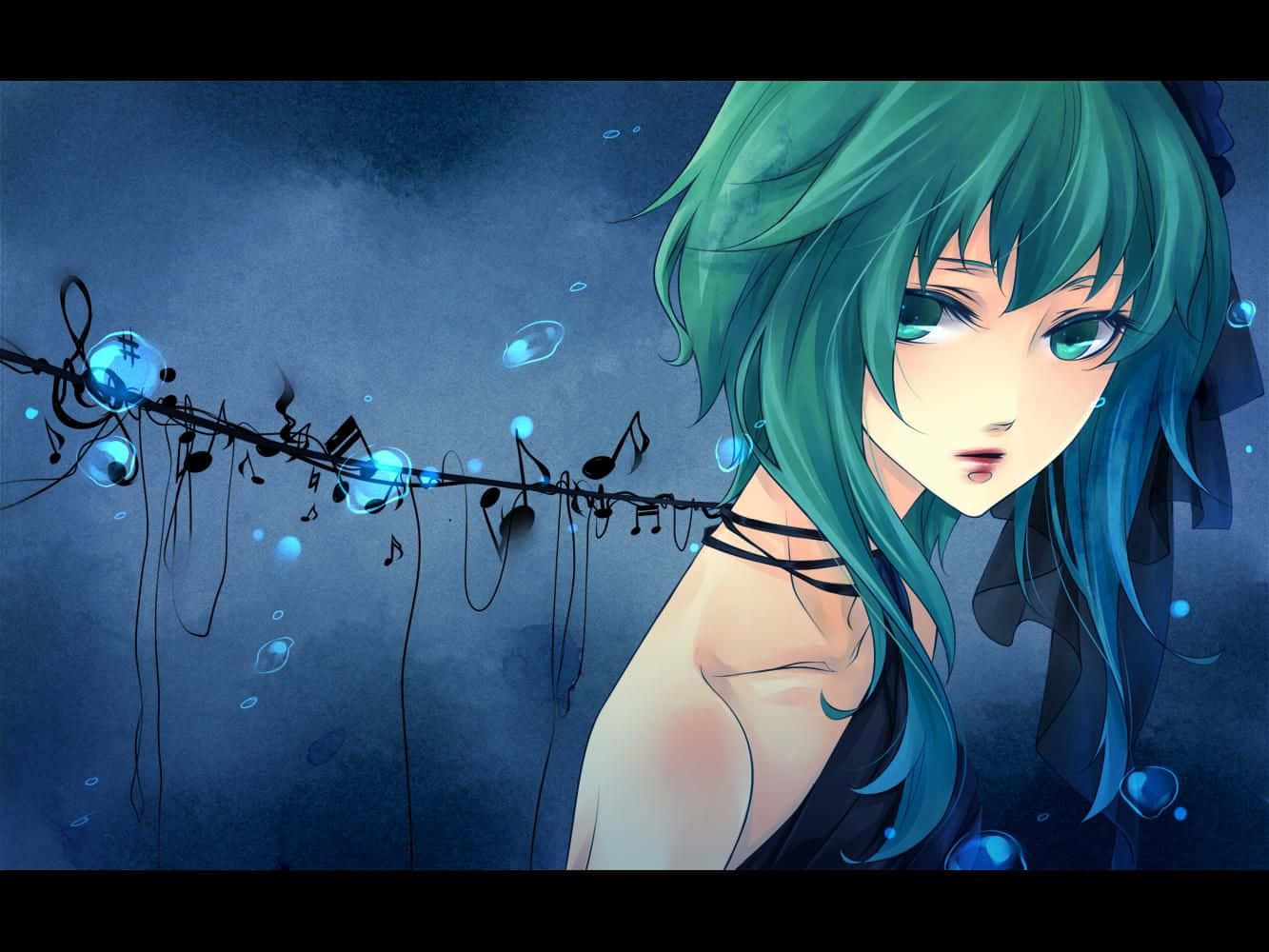 Black And Teal Anime Girl Wallpaper