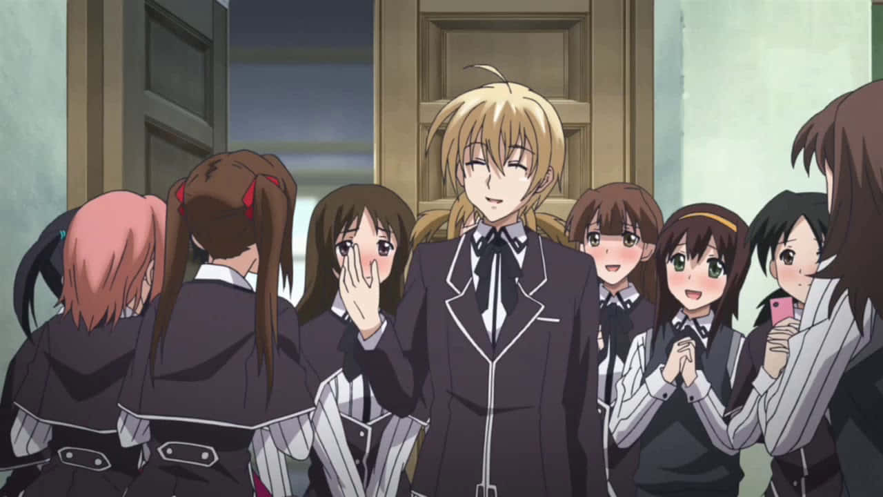 Blonde_ Anime_ Character_ Surrounded_by_ Adoring_ Fans Wallpaper