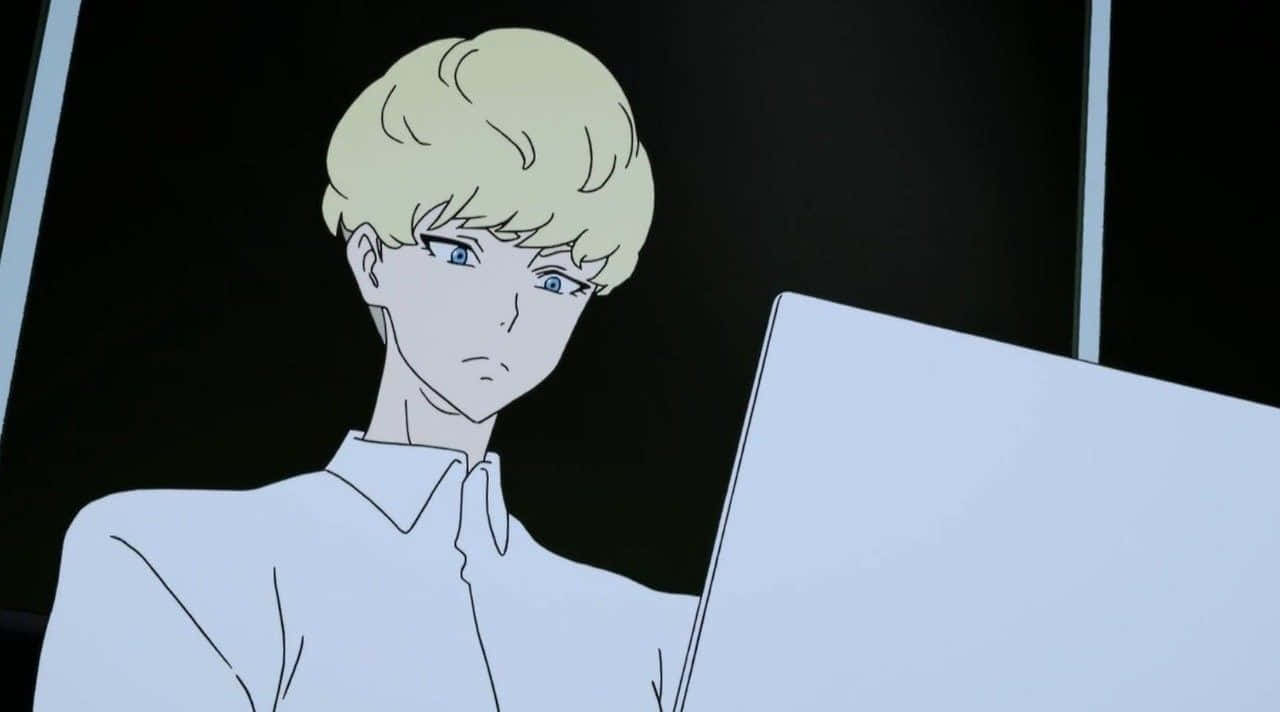 Blonde Anime Character With Laptop Wallpaper