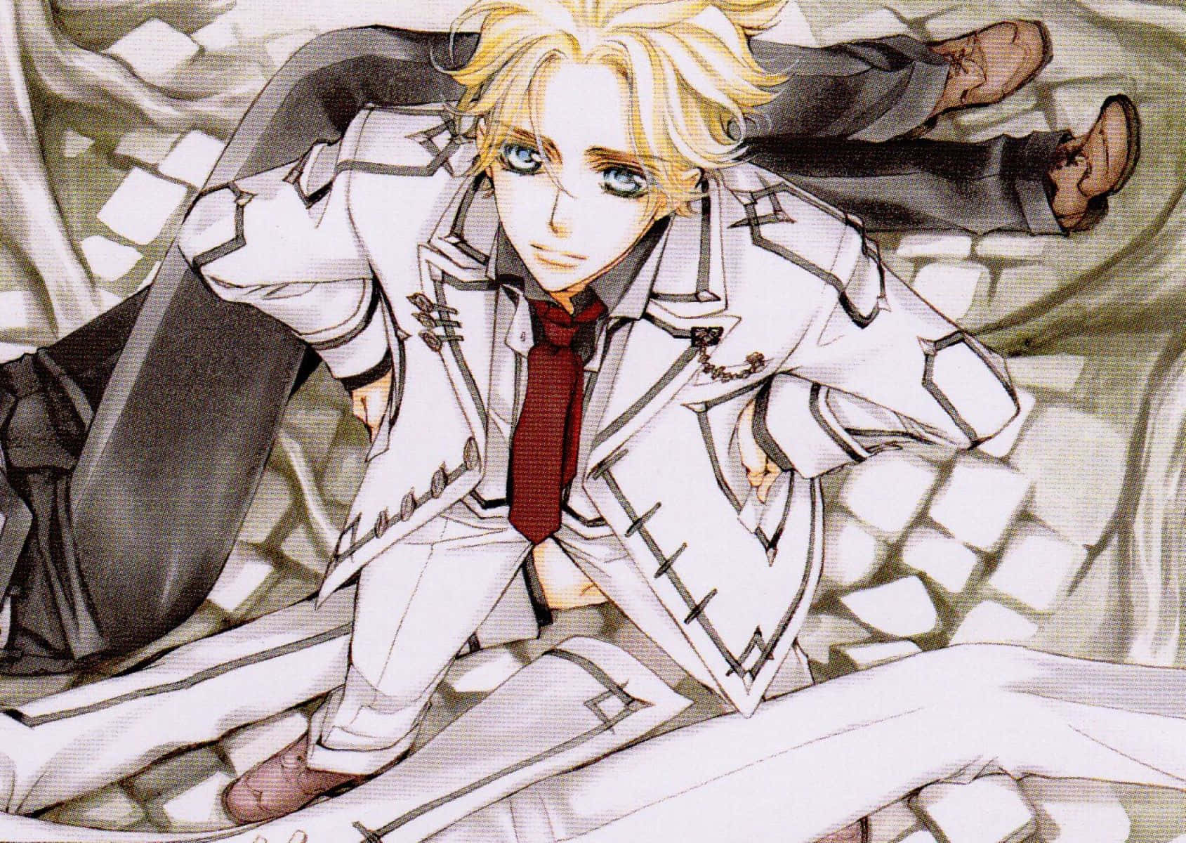 Blonde Anime Characterin White Suit Wallpaper