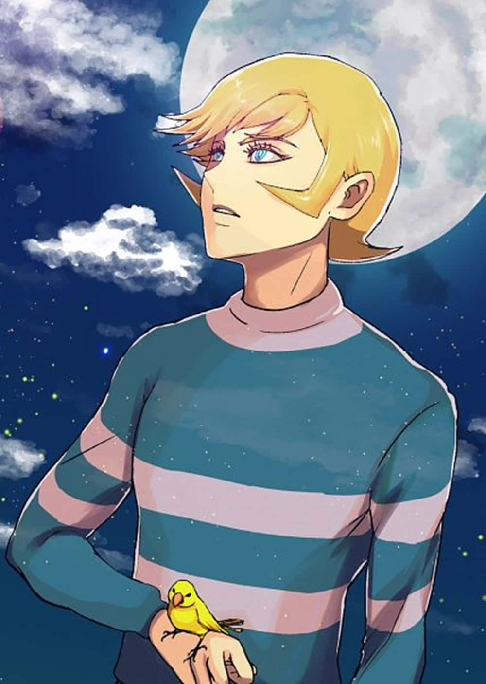 Blonde Anime Characterwith Bird Under Moonlight Wallpaper