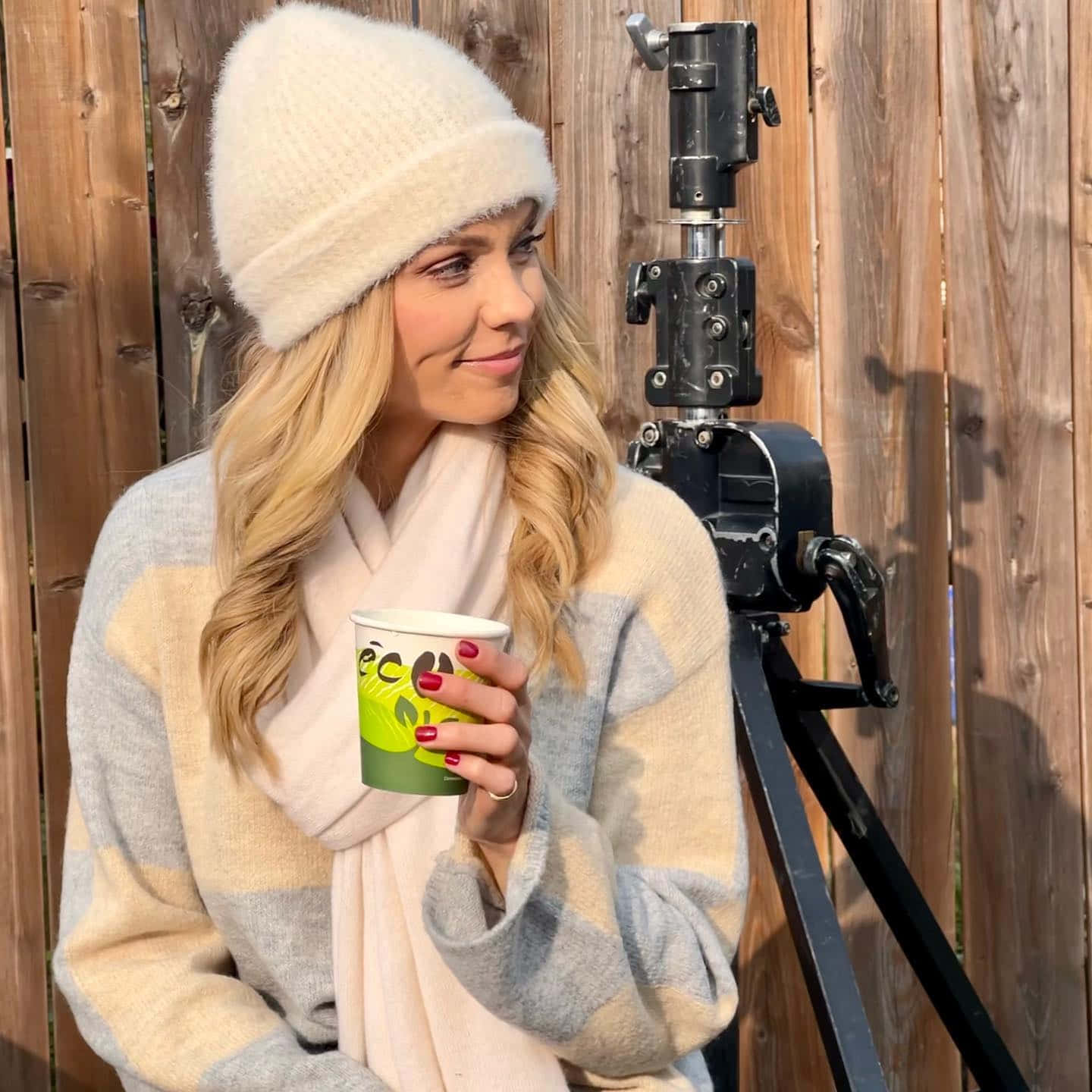 Blonde Woman Winter Fashion Holding Mug Wallpaper