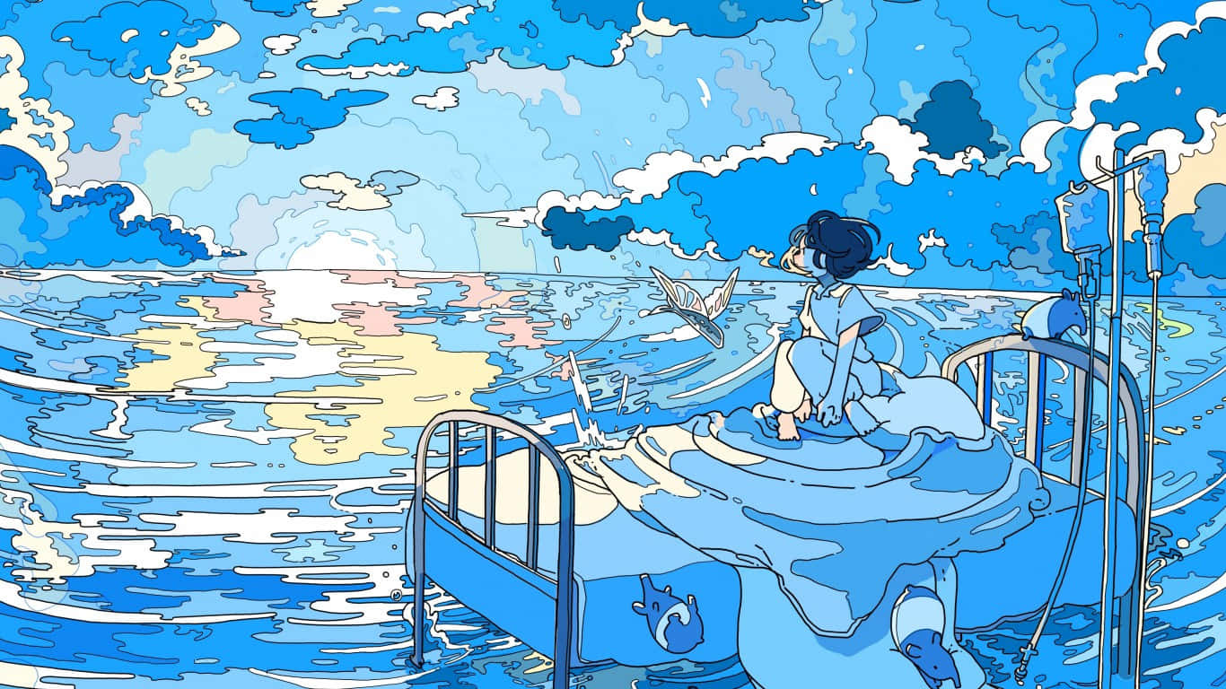 Blue Anime Girl Drifting On The Sea Wallpaper