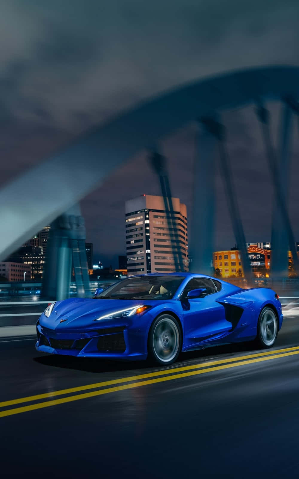 Blue Corvette C8 Night Cityscape Wallpaper