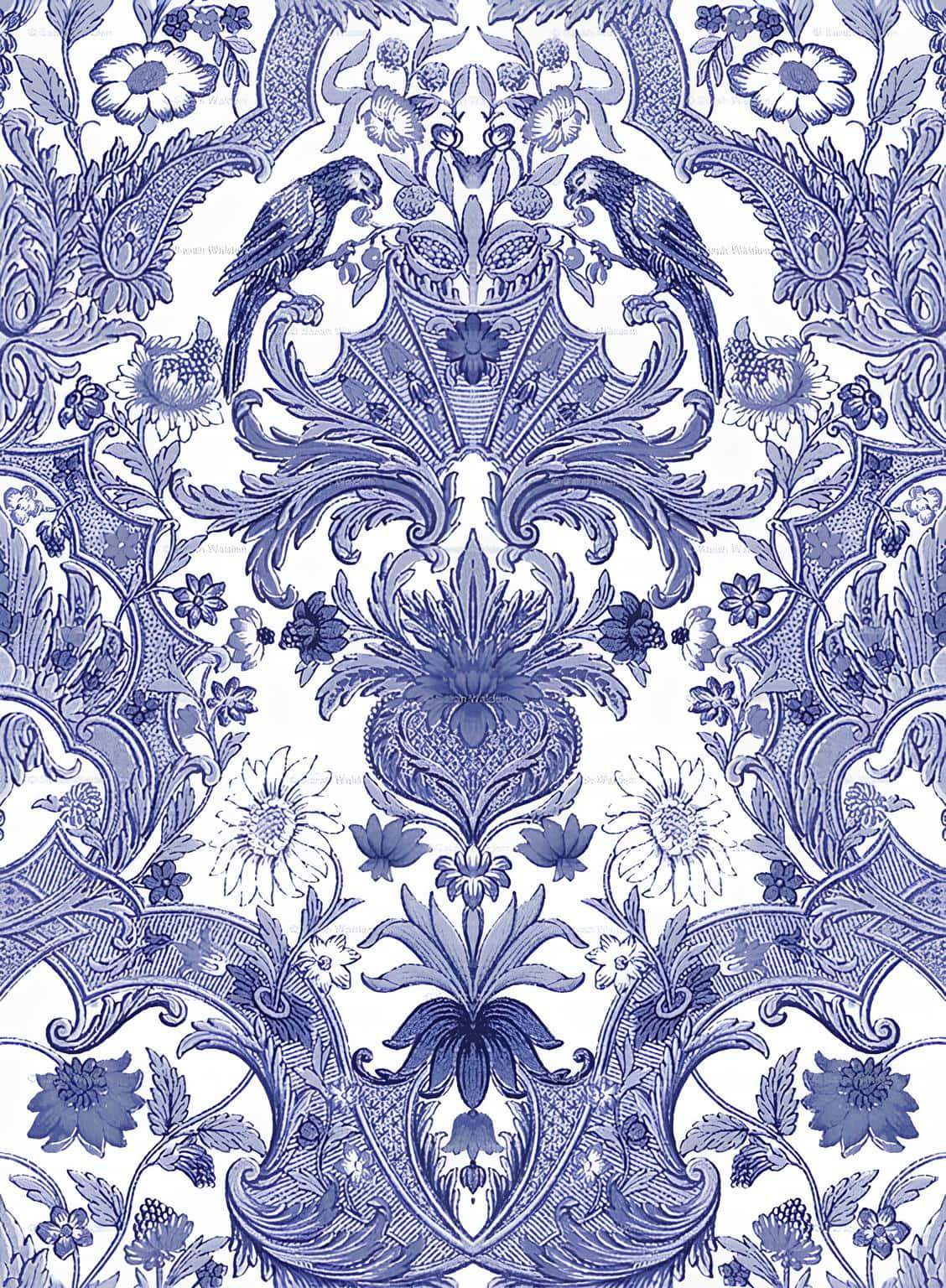 Blue Damask Patternwith Birds Wallpaper