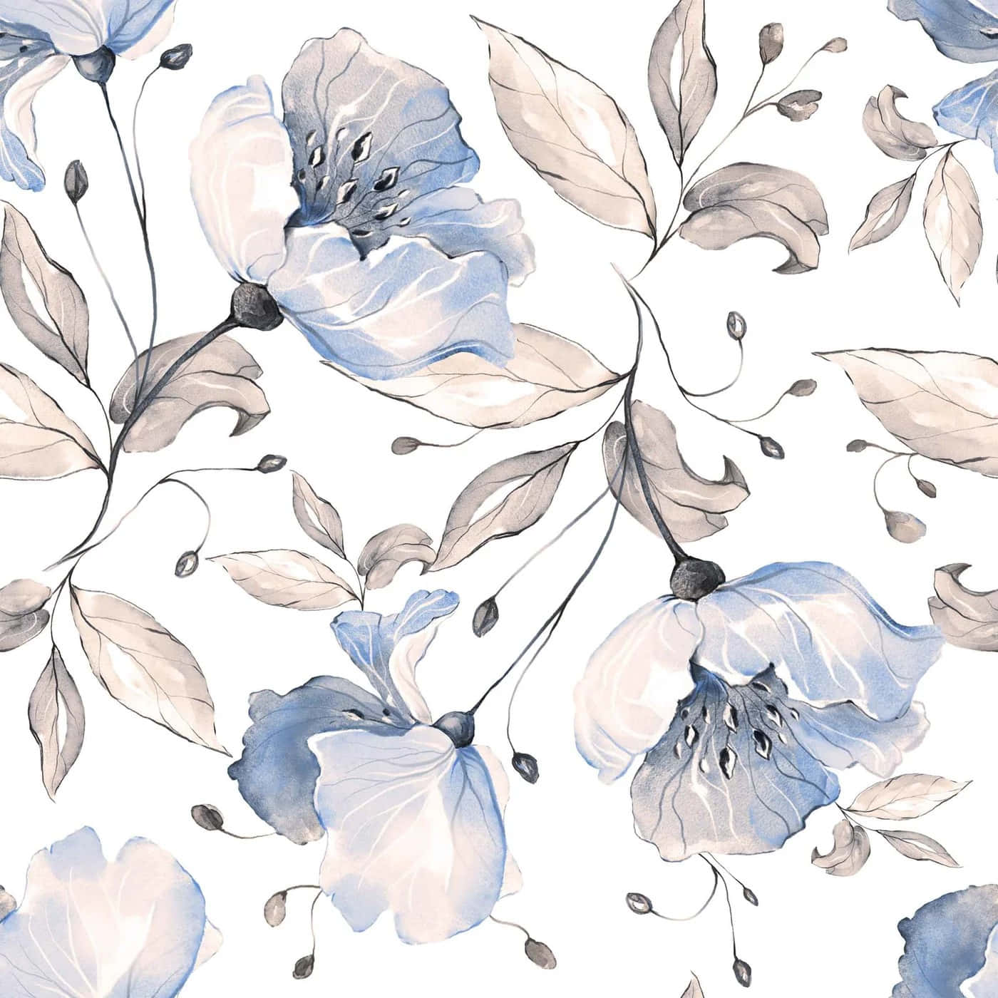 Blue Floral Watercolor Pattern Wallpaper