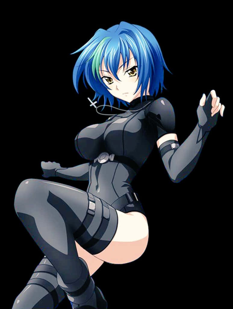 Blue Haired Anime Characterin Black Bodysuit Wallpaper