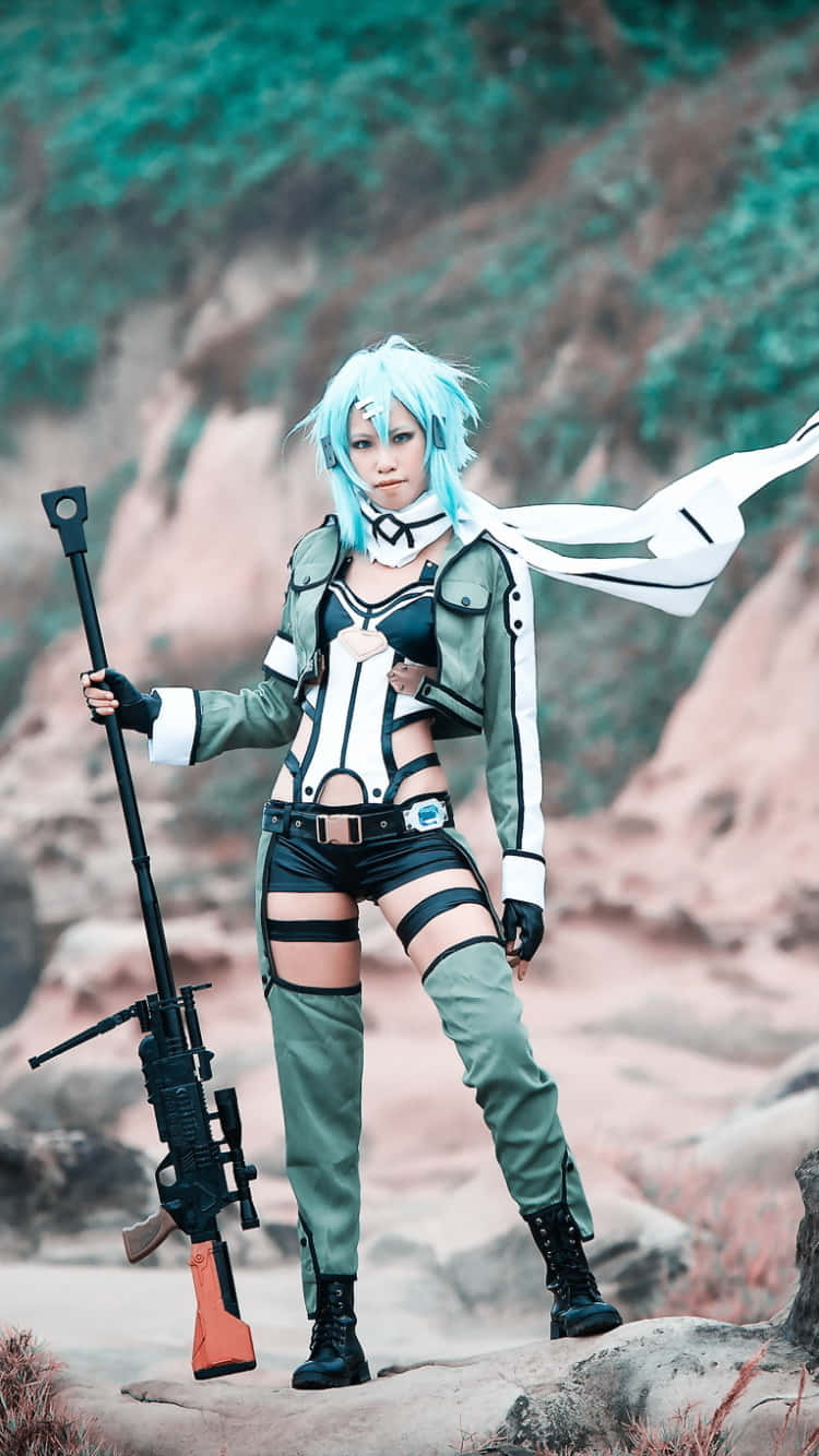 Blue Haired Anime Cosplayerwith Rifle Wallpaper