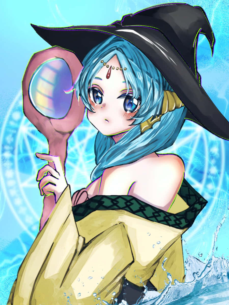 Blue Haired Anime Witch Magical Backdrop Wallpaper